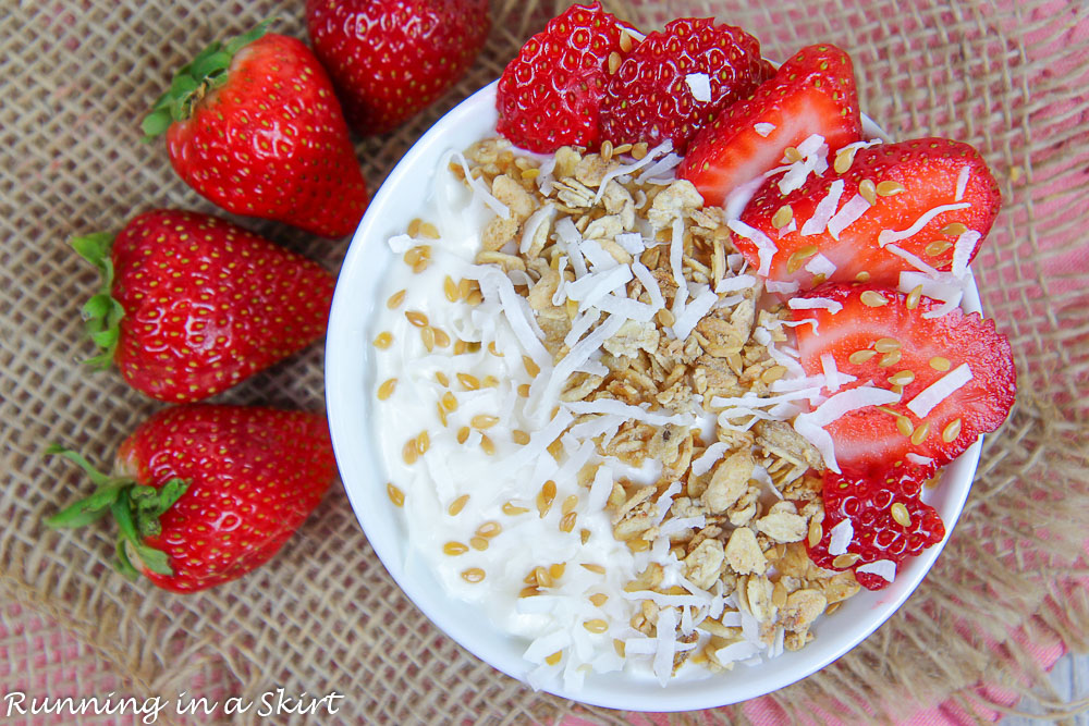 Strawberry Shortcake Greek Yogurt Bowl on a napkin.