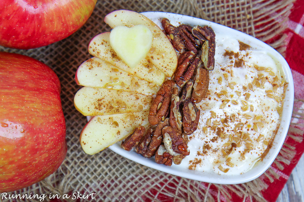 Overhead shot of Apple Pie Greek Yogurt bowl on a red napkin.