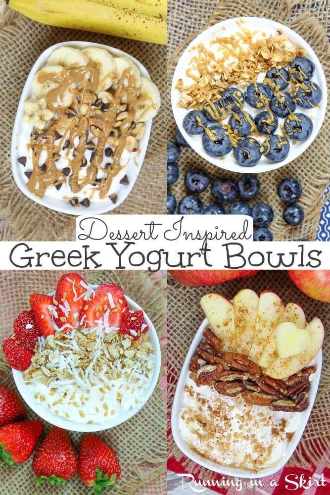 Healthy Greek Yogurt Bowls Ideas for Breakfast - dessert inspired but still good for you. Low calorie, low carb and low sugar options like Chunky Monkey, Strawberry Shortcake, Apple Pie and Blueberry Muffin featuring vanilla greek yogurt and toppings like banana, peanut butter, fruit and granola. Perfect for a snack too. / Running in a Skirt #Ad @walmart @twogoodyogurt #yogurtbowls #healthyliving #lowcarb #lowsugar #healthy via @juliewunder