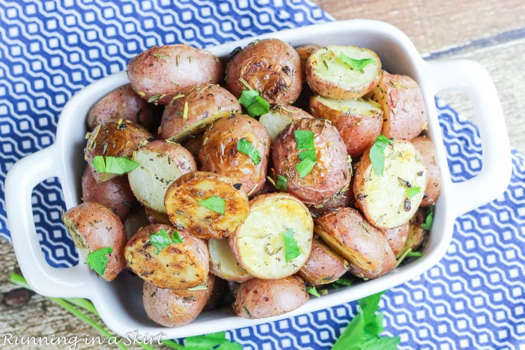 Oven Roasted Baby Red Potatoes overhead in a bowl.