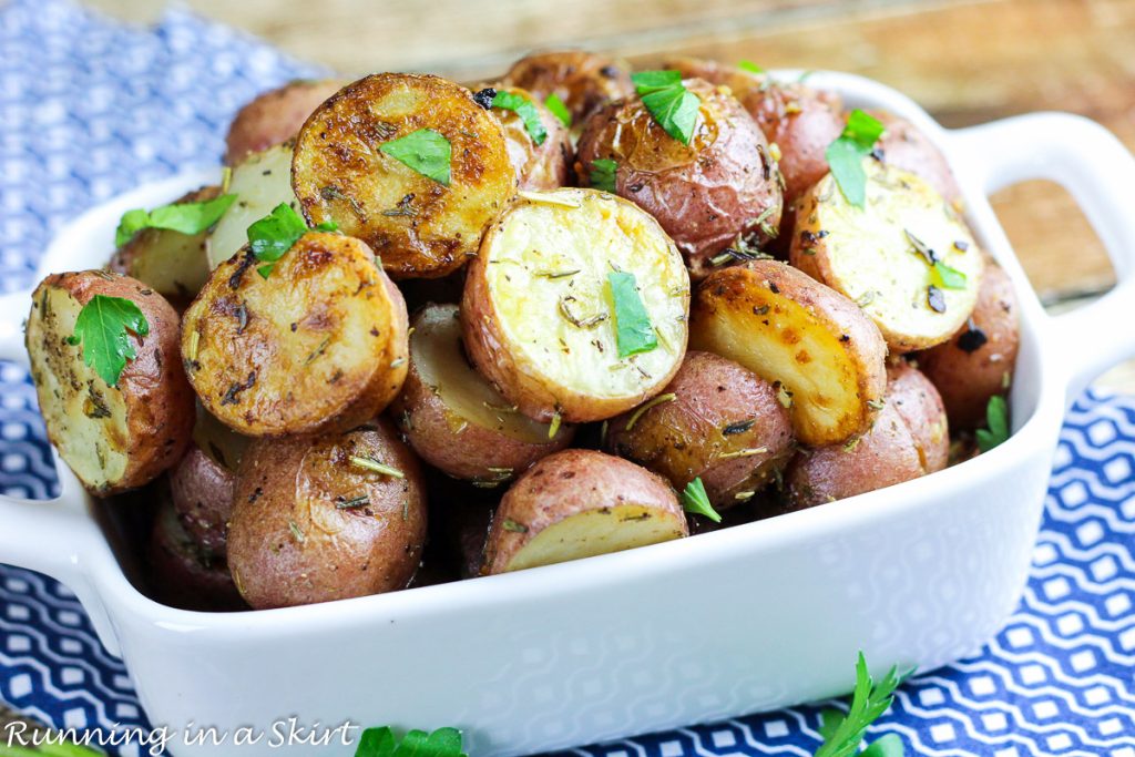 Oven Roasted Baby Red Potatoes in a serving dish.