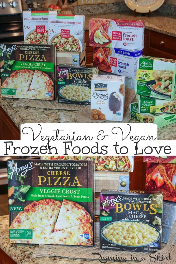 Vegan and Vegetarian Frozen Food to Love! These frozen food ideas are great for freezer meals or to stock up on for your next grocery list. If you are meatless these are the best frozen foods to buy. / Running in a Skirt #AD @conagrabrands @so_delicious @mariecallenders @gardein #Amyskitchen #meatless #vegetarian #vegan #healthyliving via @juliewunder