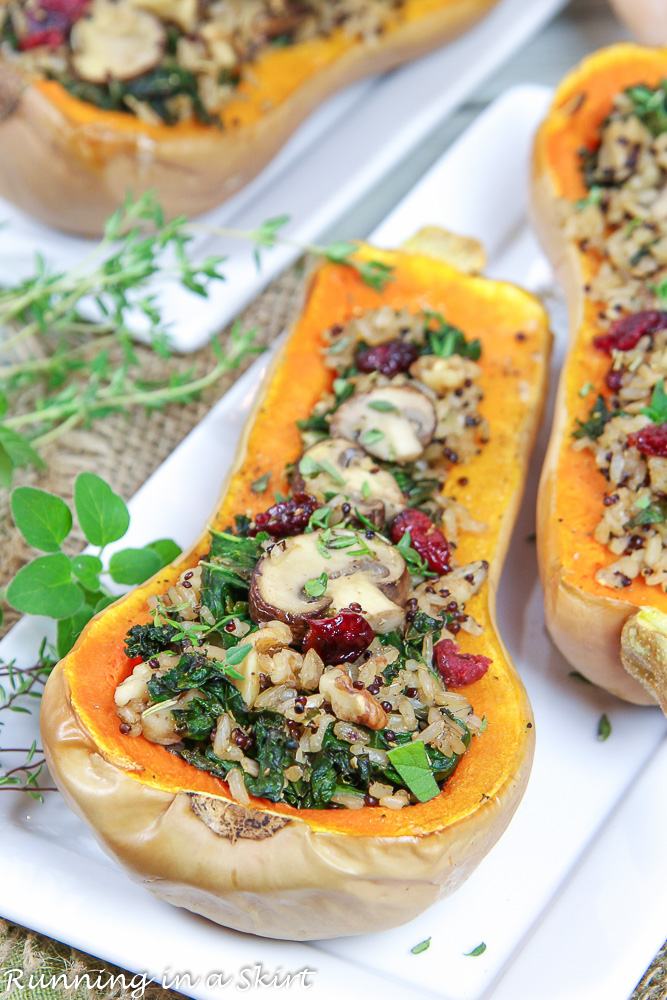 Side angle of finished Vegan Stuffed Butternut Squash.