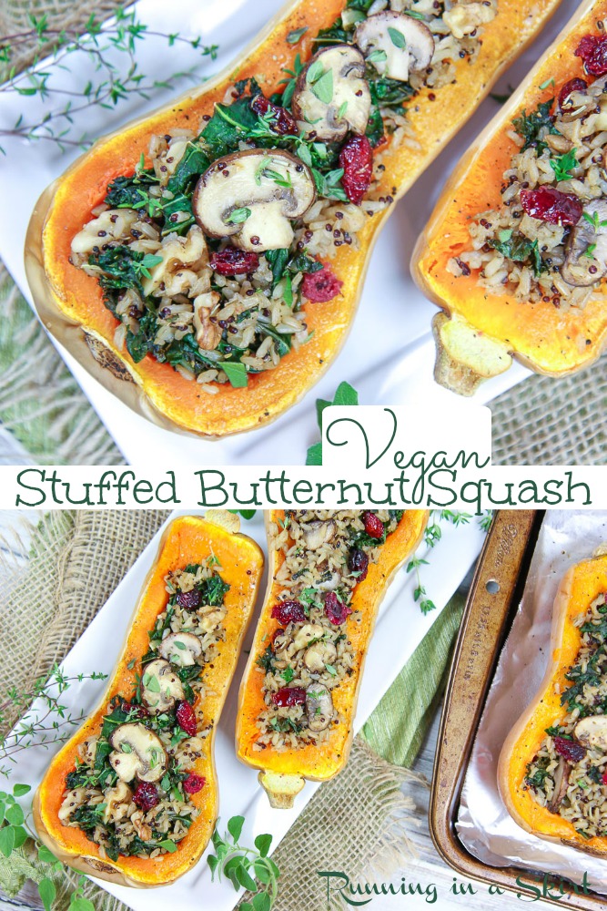 Vegan Stuffed Butternut Squash recipe - The perfect savory vegetarian stuffed squash for Thanksgiving, Christmas or just a Fall dinner. A healthy vegan Thanksgiving dinner main dish filled with quinoa / wild rice, kale, mushrooms, walnut, and dried cranberry and baked to perfection. Vegan, Vegetarian, Healthy, Clean Eating / Running in a Skirt #veganthanksgiving #vegan #recipe #healthyliving via @juliewunder