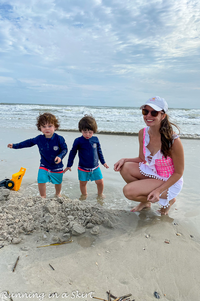 Mom with twins on beach.