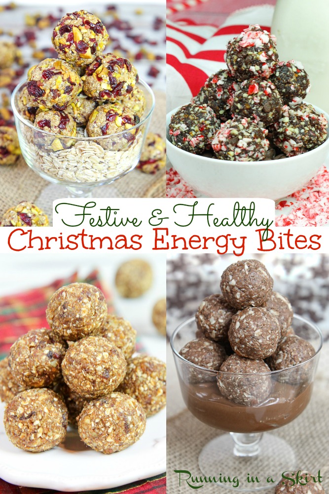 8 Christmas Energy Bites recipes- the BEST Clean Eating Christmas Desserts for a festive holiday season. These Healthy Holiday Snacks are great for kids or adults. Flavors like Gingerbread, Nutella Fudge, Superfood Bites and Peppermint Fudge Energy Bites. So many healthy ideas. Vegan, Vegetarian, Gluten Free / Running in a Skirt #cleaneating #healthy #snacks #christmas via @juliewunder