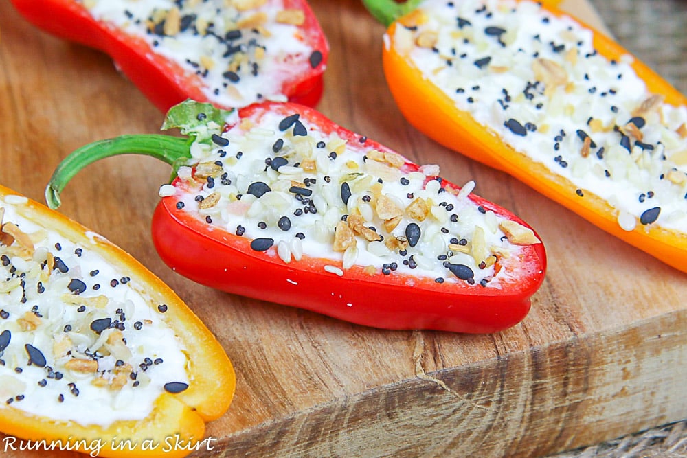 Close up of Cream Cheese Stuffed Mini Pepper with everything bagel seasoning on top.