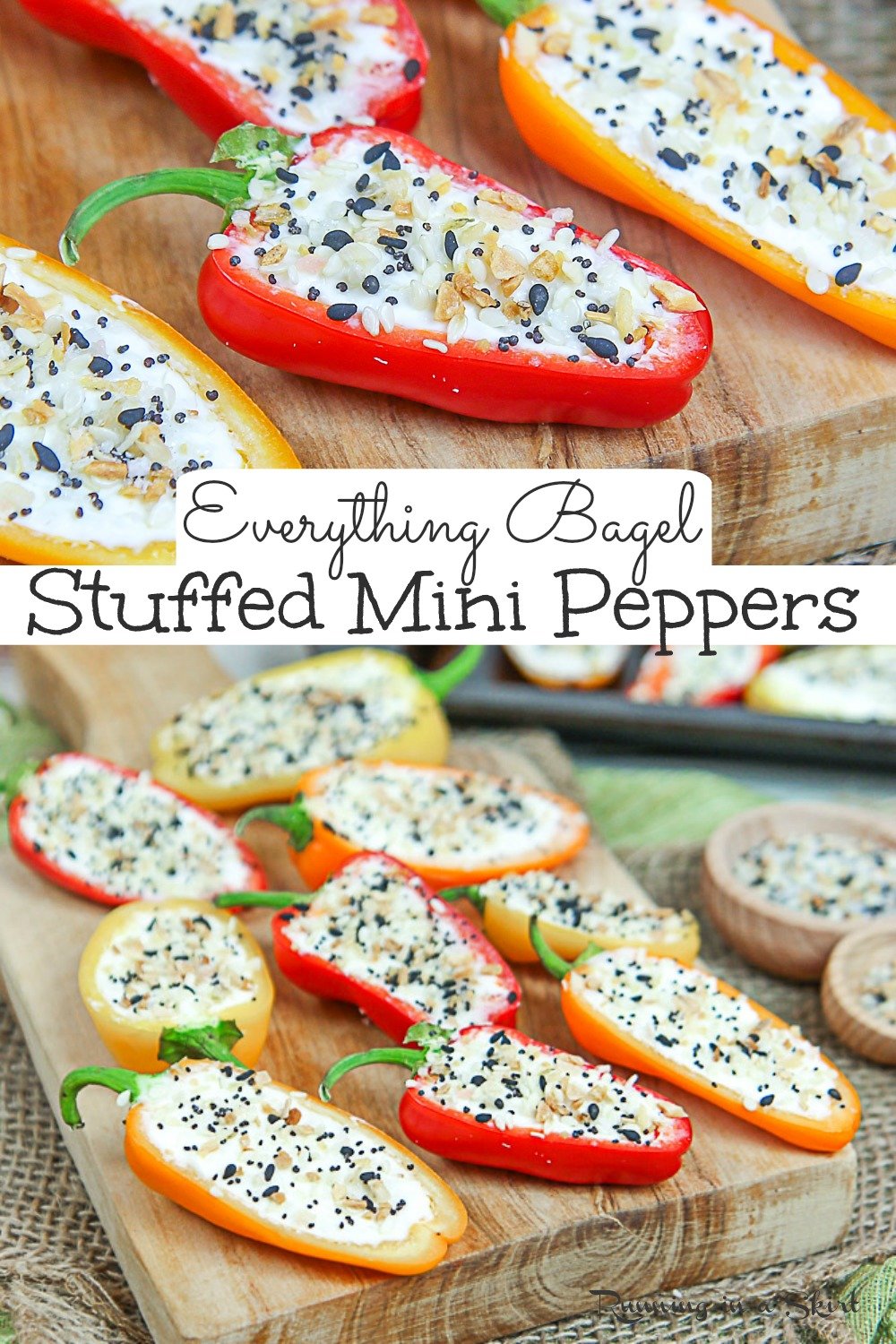 Everything Bagel Cream Cheese Stuffed Mini Peppers recipe - the best healthy appetizers finger foods! This recipe uses cream cheese cold and greek yogurt. An EASY 4 Ingredient Vegetarian recipe - keto, low carb and gluten free too. So simple and delicious. Clean Eating. / Running in a Skirt #superbowlrecipe #healthyliving #keto #lowcarb #vegetarian #glutenfree #cleaneating via @juliewunder