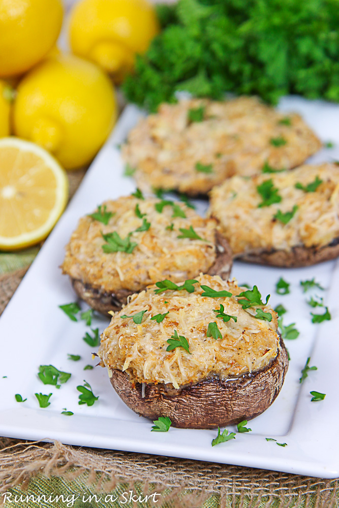 Healthy Crab Stuffed Portobello Mushrooms with lemons and parsley.