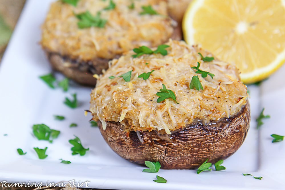 Close up of stuffed mushroom with a lemon.