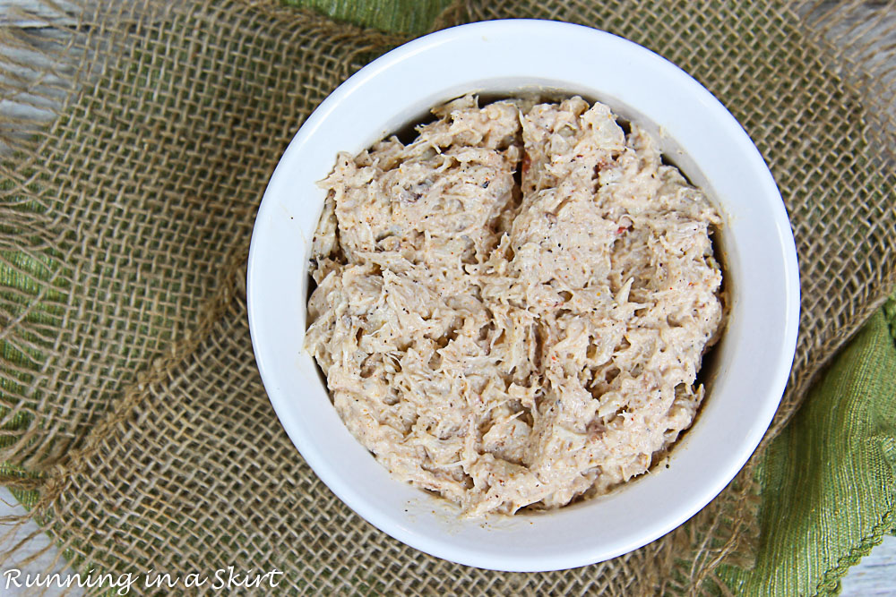 Process photos showing crab meat mixture.