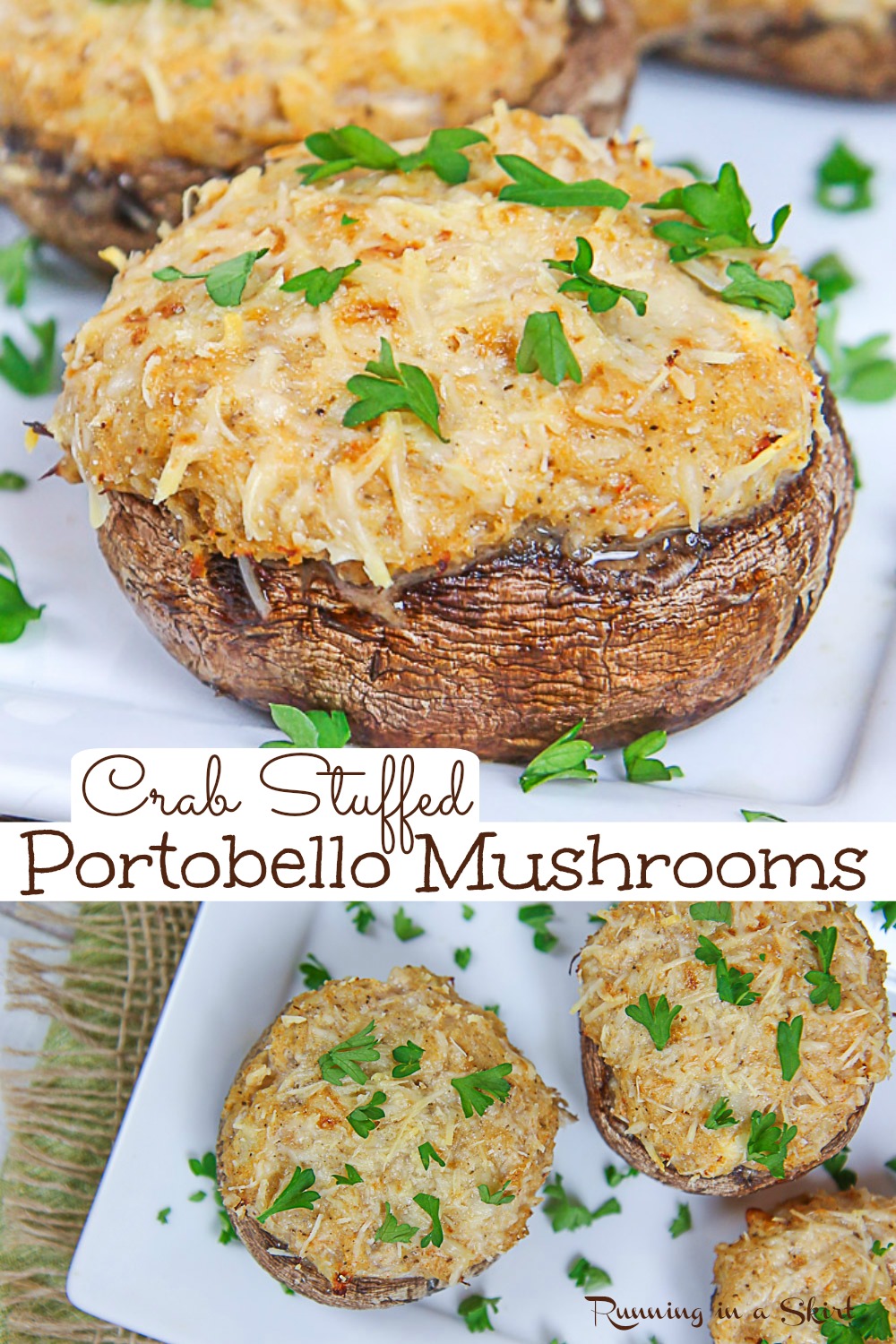 Healthy Crab Stuffed Portobello Mushrooms recipe - an easy and amazing stuffed mushroom recipe made with lump crab meat (can use fresh OR canned) with cream cheese, parmesan cheese, and greek yogurt. Makes an elegant meal or healthy appetizer. Healthy swaps and no bread crumbs make this recipe clean eating, low carb and low calorie. Keto friendly. Pescatarian. / Running in a Skirt #pescatarian #lowcarb #keto #lowcalorie #healthy #stuffedmushroom #recipe via @juliewunder