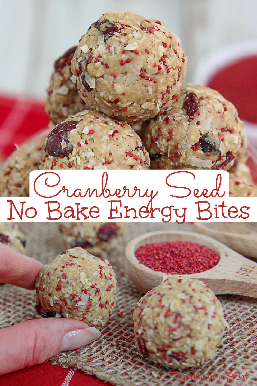 No Bake Cranberry Oatmeal Energy Bites with Cranberry Seeds - Cranberry Energy Ball recipe. A clean eating, healthy no bake snack with peanut butter and coconut. No added sugar protein ball. Includes information about the health benefits of cranberry seeds. Low Calorie, Gluten Free Option, Vegan, Dairy Free / Running in a Skirt #AD #oceansprayseeds #cranberryseeds #cranberry #healthy @OceanSpray via @juliewunder