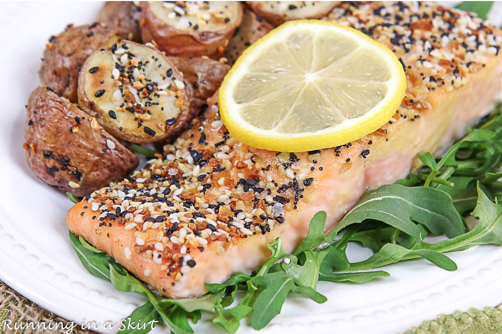 Close up of the salmon topped with lemon.