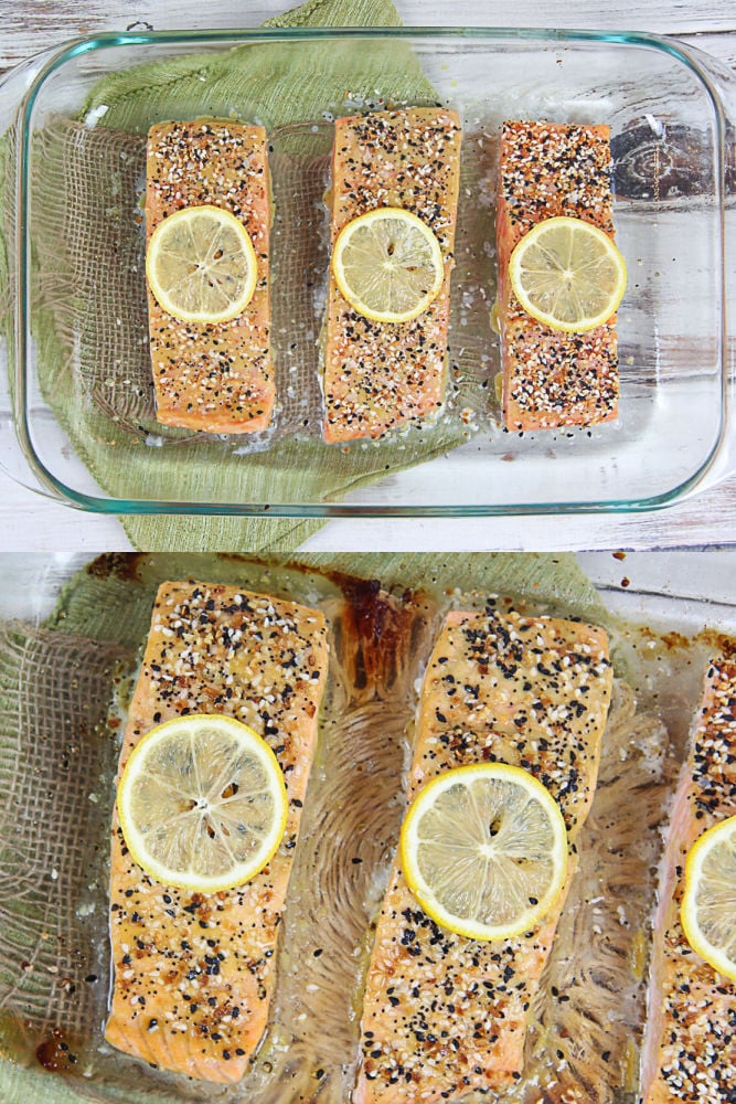 Process collage showing before and after baking the salmon.