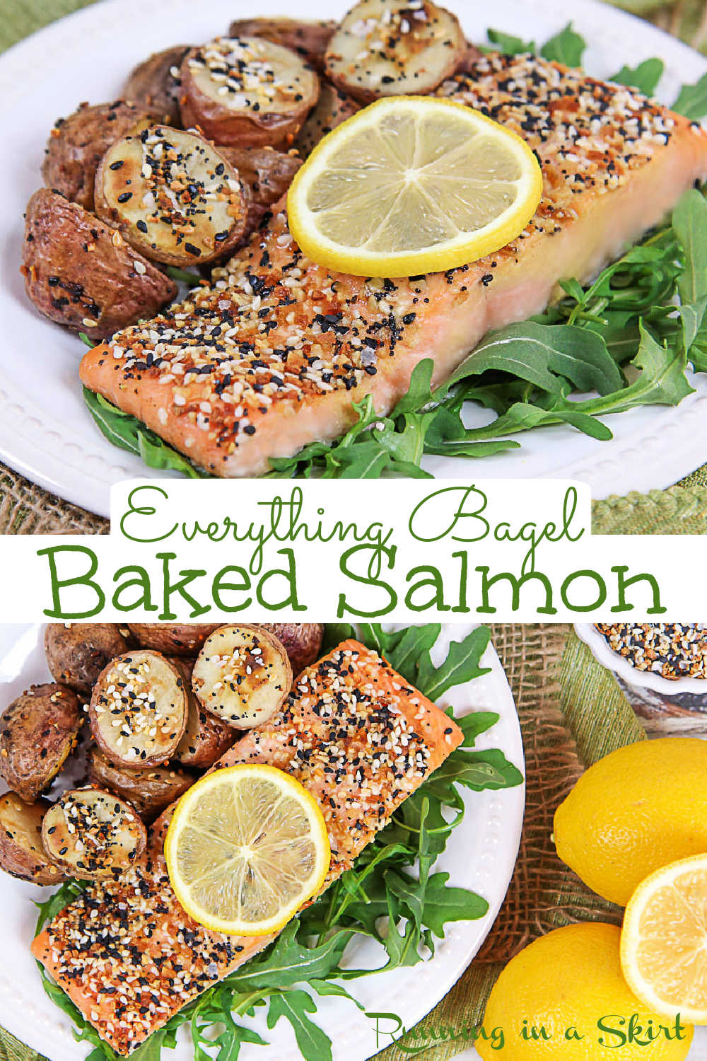 Everything Bagel Salmon Recipe - a healthy oven baked salmon with Everything But the Bagel Seasoning. If you are looking for clean eating, easy, healthy salmon recipes this is it! Only 5 Ingredients and ready in 20 minutes. It's the perfect pescatarian, low carb and gluten free meal. Uses the Trader Joe's spice or your own DIY version. Keto, Paleo, Whole 30 Friendly. / Running in a Skirt #pescatarian #cleaneating #salmonrecipe #fishrecipe #healthyrecipe #healthydinner #everythingbagel #traderjoes via @juliewunder