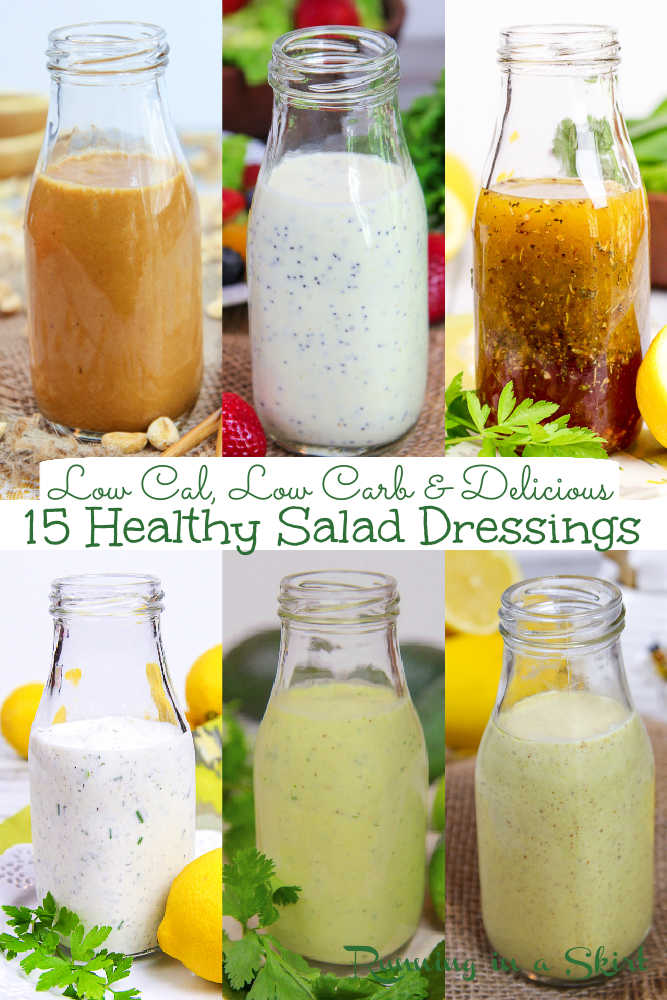 15 Healthy Salad Dressing Recipes - Low Calorie, Low Carb, Clean Eating & Easy to Make. Homemade Salad Dressing recipes including Greek Yogurt Ranch, Avocado Lime, Greek Yogurt Ceasar, Healthy Honey Mustard, Healthy Greek Dressing, Red Wine Vinaigrette, Balsamic, & Thai Peanut Dressing. Skip store-bought and use these for salads, pasta salad, marinades or dips. Vegan, Vegetarian, Whole 30, Low Carb, Keto / Running in a Skirt #cleaneating #vegetarian #vegan #healthyliving #saladdressing #lowcarb via @juliewunder