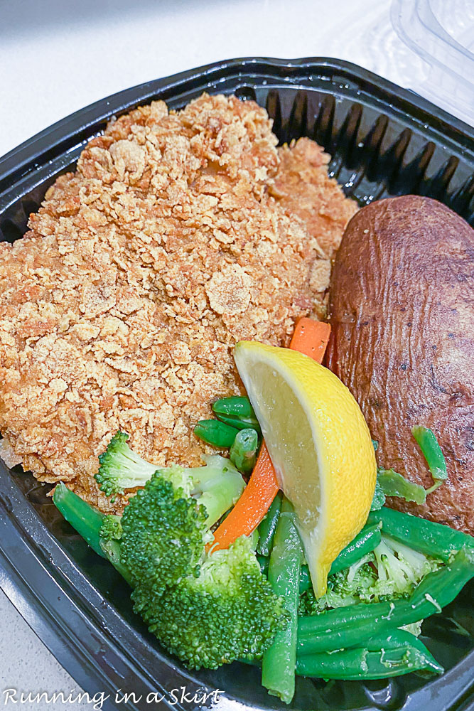 Crunchy Grouper from Timbers in Sanibel Florida in a takeout box.