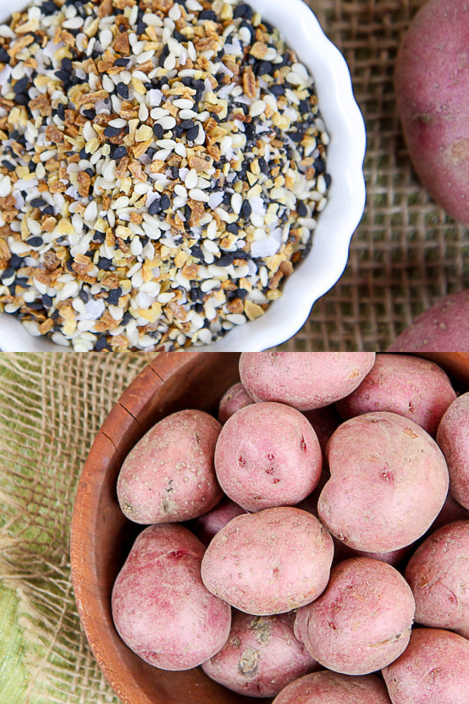 Collage shot showing ingredients for the recipe - Everything But the Bagel Seasoning and baby red potatoes.