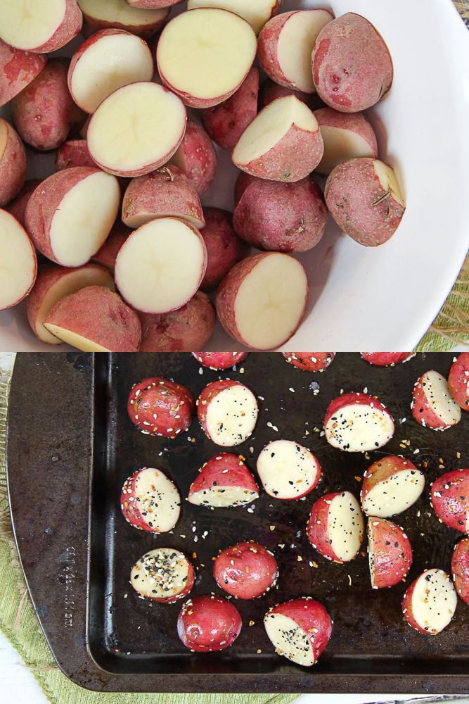 Process shot showing how to cut the potatoes and how to place them on a pan.