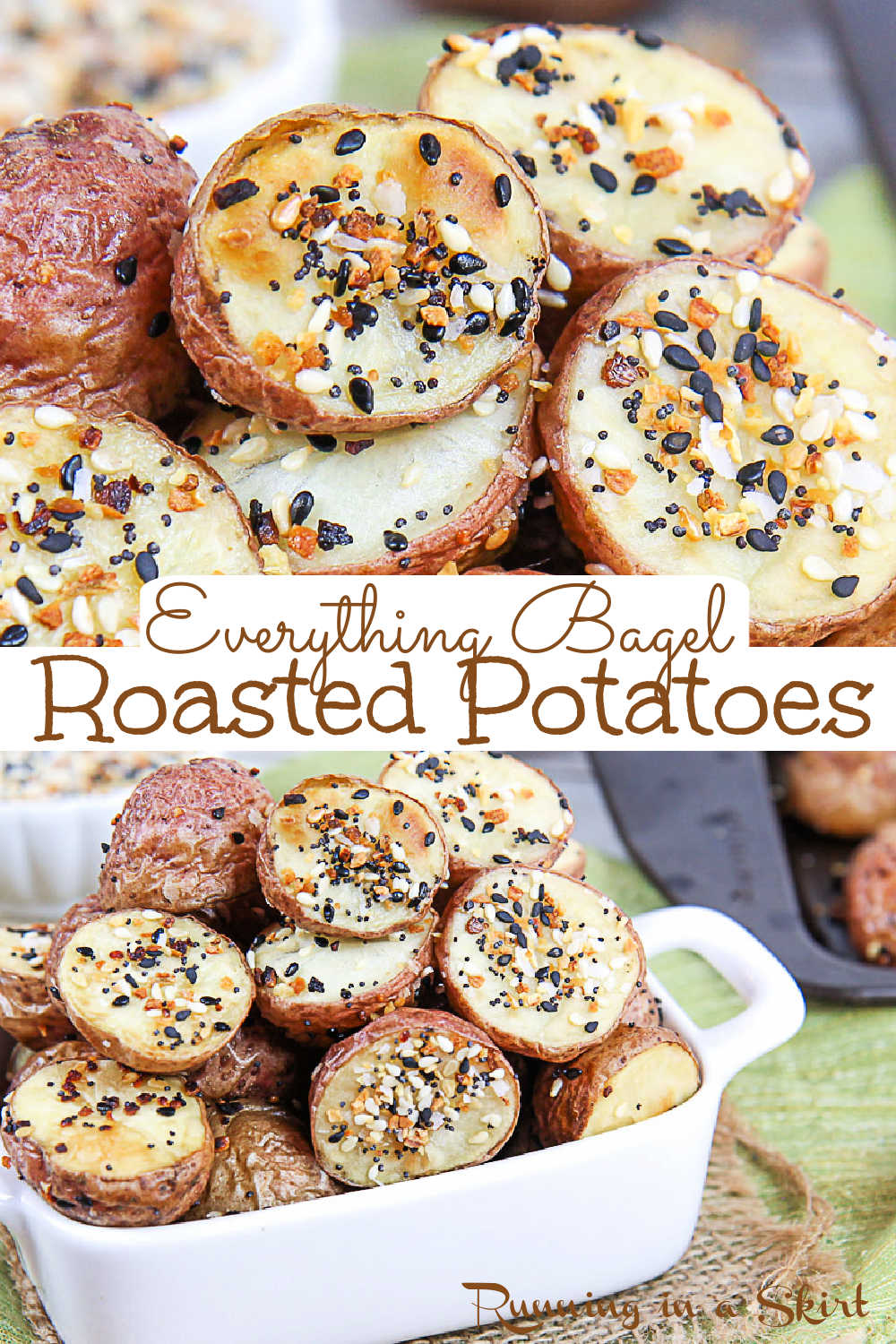 Everything Bagel Roasted Potatoes - Best Everything Bagel Seasoning Potato recipe and use for Everything But the Bagel Seasoning from Trader Joe's. This healthy, clean eating & simple THREE ingredient recipe is the perfect healthy side dish for fish or chicken. Uses red potatoes but you can substitute whatever type of potato you have including sweet potato. Vegan, Vegetarian, Dairy Free, Whole 30 & Gluten Free / Running in a Skirt #everythingbutthebagel #everythingbagelseasoning #traderjoes via @juliewunder