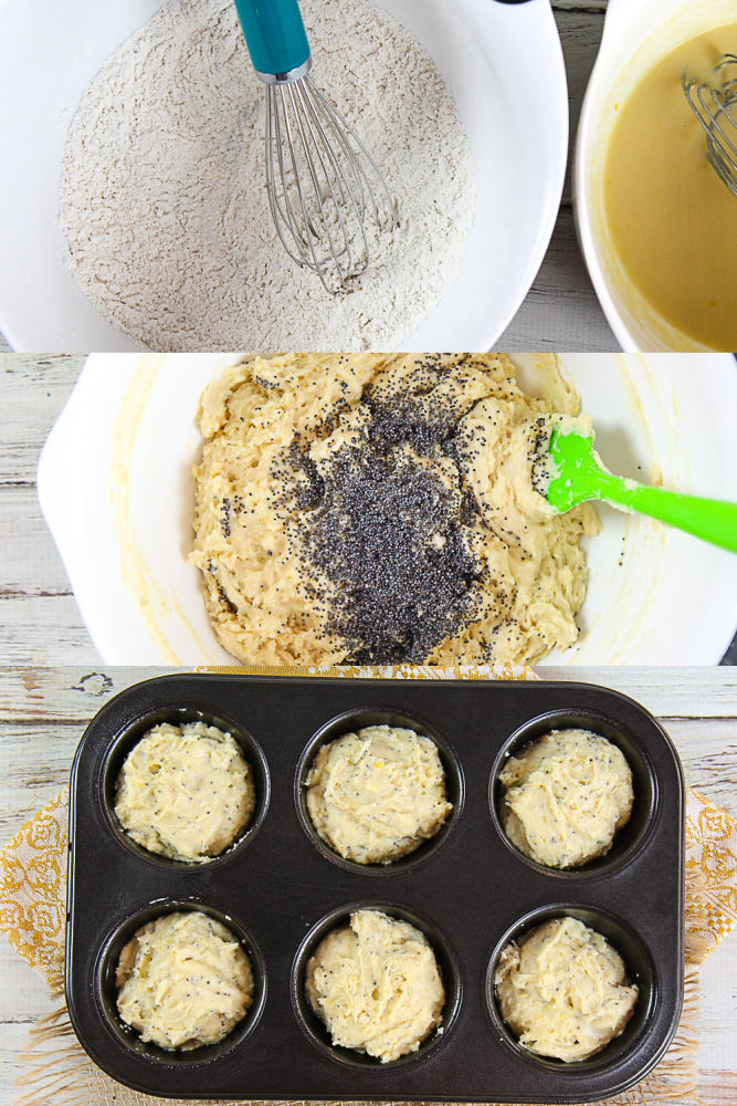Process shot collage showing how to mix the muffins and put them in the muffin tin for baking.