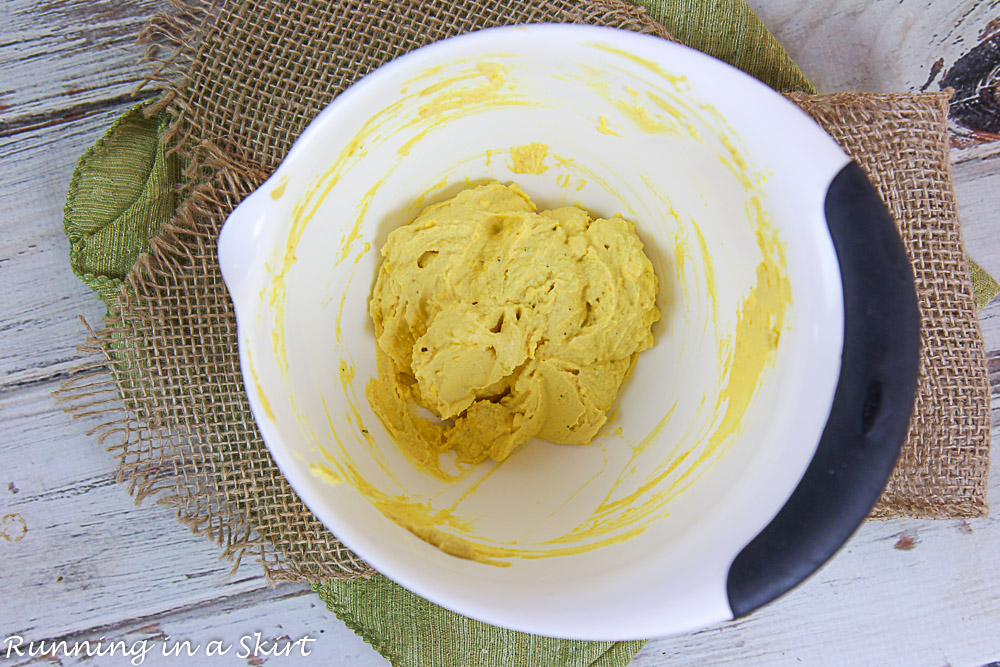 How to make the mixture for the healthy deviled eggs process shot.