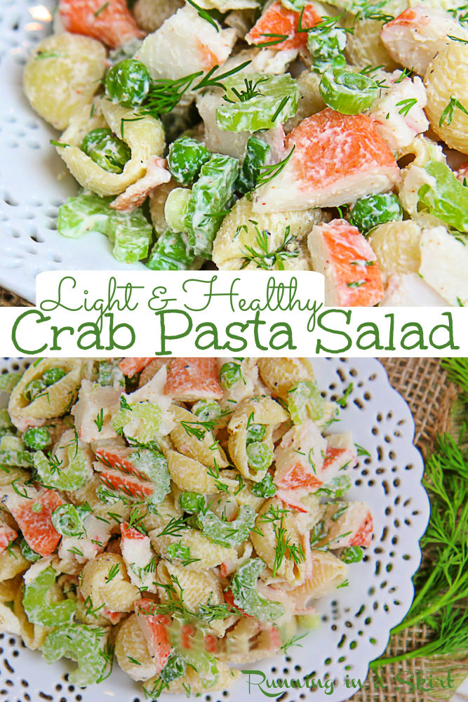 Crab Pasta Salad Recipe - Healthy & Light. The Best Cold Pasta Salad with Crab and with dill! Made with a healthy & creamy greek yogurt dressing and no mayo. Easy recipe made with peas, imitation crab meat, celery, green onions & zesty Old Bay! If you are looking for easy summer recipes, this is it! Great for holiday cookout (Memorial Day, 4th of July, Labor Day), summer dinner or summer cookout. The perfect pescatarian dinner recipe. / Running in a Skirt #pescatarian #memorialday #pastasalad via @juliewunder