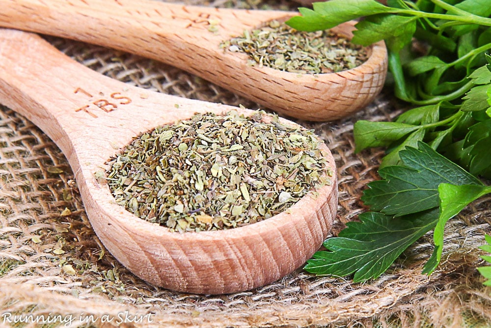 Measuring spoon with the Italian Seasoning Blend.