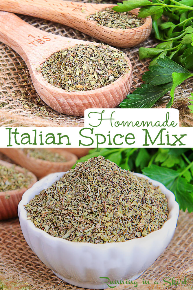 Italian Spice Mix Recipe - The Best Italian Seasoning DIY Spice Mixes with the herb mix basil, oregano, thyme, marjoram, rosemary and sage. Looking for homemade seasoning mixes? This Italian Herb Blend Seasoning mix is perfect for pasta, soup, roasted vegetables and any Italian, Greek or Mediterranean 3 recipe. Made in 10 minutes with pantry staples and healthy with no added salt! Vegan, Vegetarian, Gluten Free, Keto / Running in a Skirt #italianspicemix #diy #diyseasoning #healthy via @juliewunder