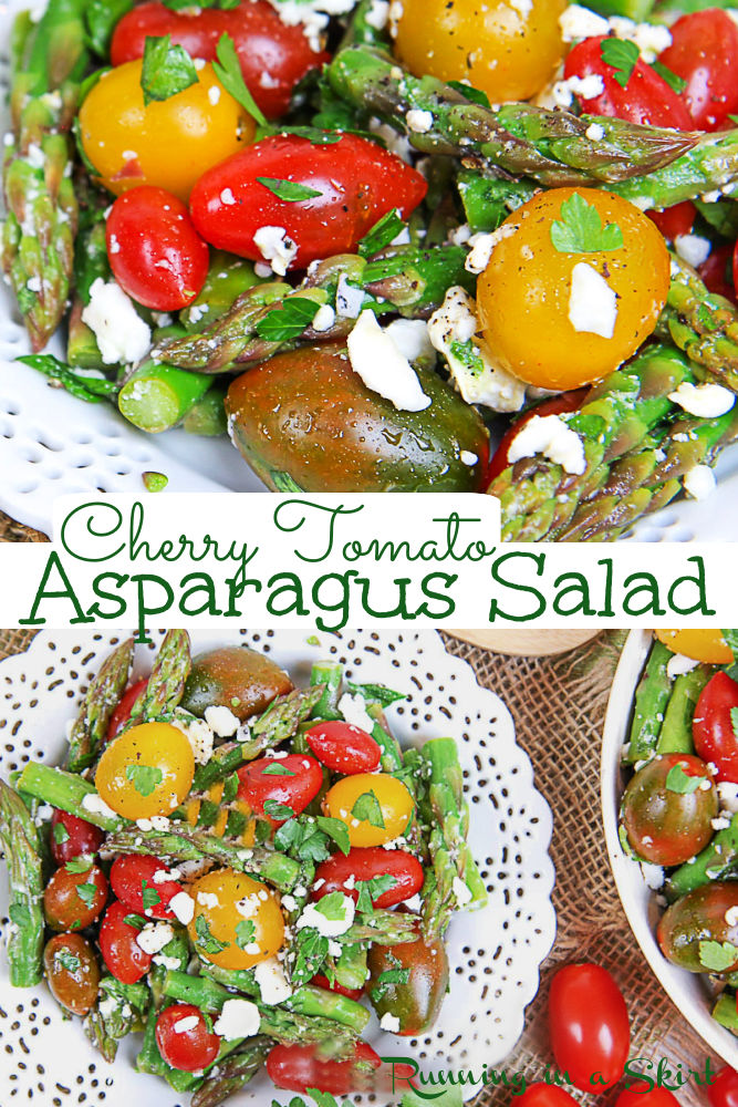 Tomato Asparagus Salad Recipe with Feta and Lemon Herb Vinaigrette. The best Asparagus and Tomato Salad that's easy, simple, healthy, vegetarian, clean eating, low carb, gluten free and delicious. Perfect for spring and summer side dish or light meal. Great for healthy cookout recipes! Fresh, light and simple to make. / Running in a Skirt #vegetarian #asparagus #feta #summerrecipes #healthyrecipes #salad #healthysalads via @juliewunder