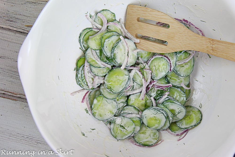 Process photos showing how to make the Creamy Cucumber Dill Salad in a bowl.