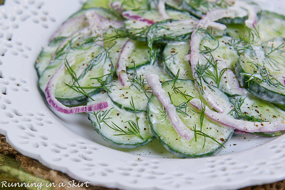 Closeup of Creamy Cucumber Dill Salad recipe.
