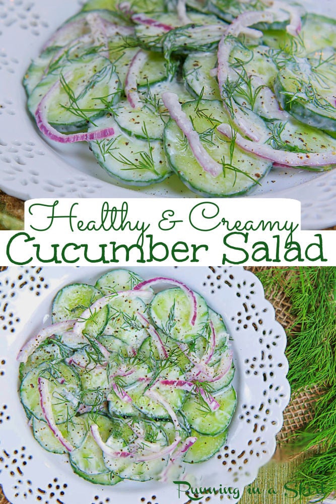 Creamy Cucumber Salad with Greek Yogurt and Dill. Looking for Healthy Cucumber Salad recipes? This one is simple with fresh dill, red onion, white wine vinegar, garlic and lemon and no sugar. Greek yogurt and no mayo! Made in 10 minutes with clean eating and low carb ingredients. Includes a light dressing. Perfect for healthy summer cookouts or a side dish recipe. Vegetarian, Gluten Free, Low Carb / Running in a Skirt #cucumbersalad #greekyogurt #healthysidedish #cleaneating #healthyrecipes via @juliewunder