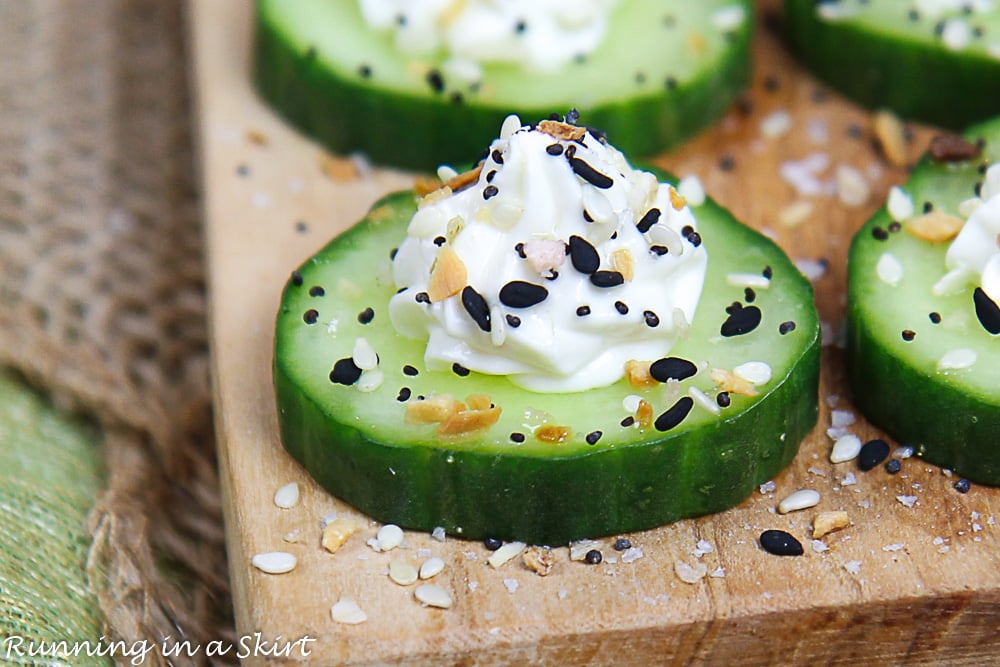 Closeup of the cucumber bite showing how to put the topping on.