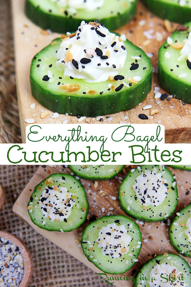 Everything Bagel Cucumber Bites recipe - The Best Cucumber with Everything Bagel Seasoning. The perfect healthy cucumber snack with cream cheese, greek yogurt and Everything But the Bagel Seasoning. Healthy, vegetarian, low carb, low cal, gluten free and keto snack. Also great for simple and easy appetizers or finger food. / Running in a Skirt #glutenfree #keto #healthy #lowcarb #lowcal #appetizer #snack via @juliewunder