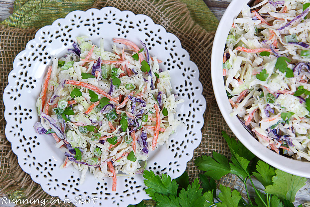 Overhead shot of the healthy coleslaw in a serving bowl.