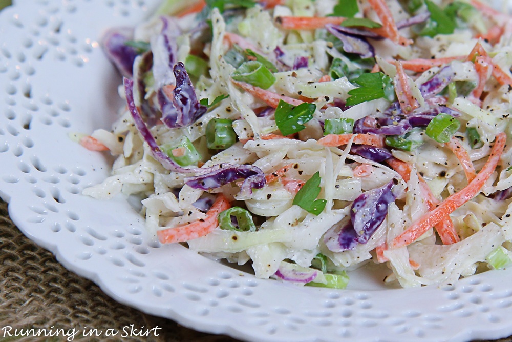 Closeup of Healthy Coleslaw on a white plate.