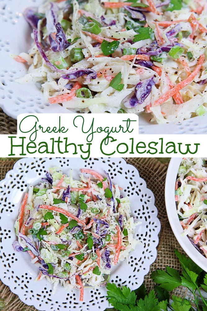 Healthy Coleslaw Recipe with Greek Yogurt and no mayo! The Best Healthy Cole Slaw Dressing that’s a creamy. Homemade and Southern style but with honey instead of sugar and greek yogurt instead of mayonnaise. Easy, simple, clean eating and the perfect healthy cookout side dish. Veggie packed with bagged coleslaw, carrots, green onion and parsley plus apple cider vinegar. Vegetarian, Gluten Free, Low Carb / Running in a Skirt #healthysidedish #coleslaw #healthyrecipe #vegetarian #greekyogurt via @juliewunder