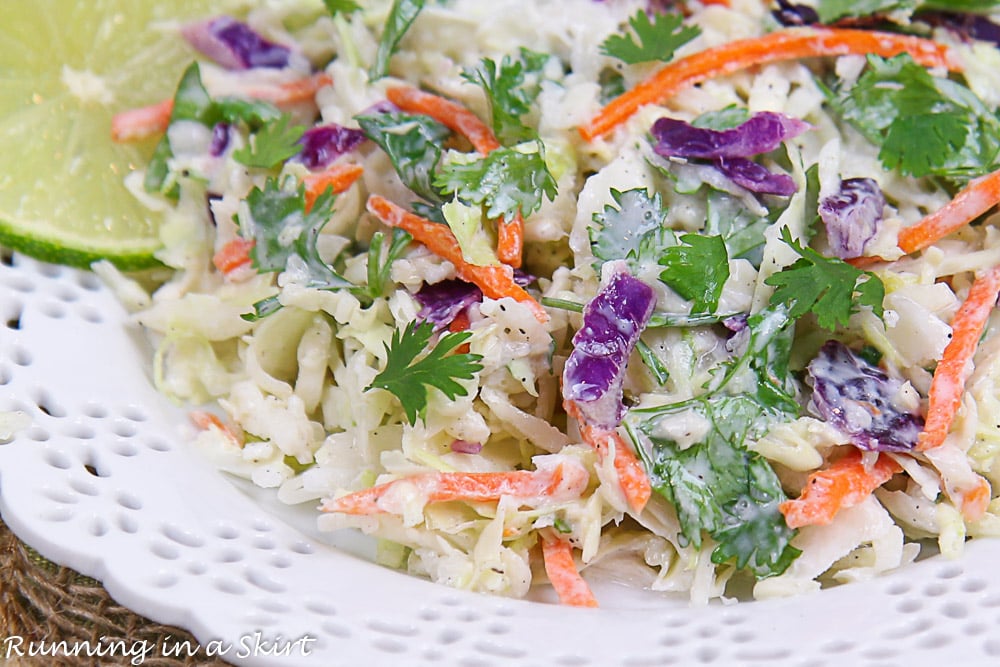 Close up of the Cilantro Lime Coleslaw on a white plate.