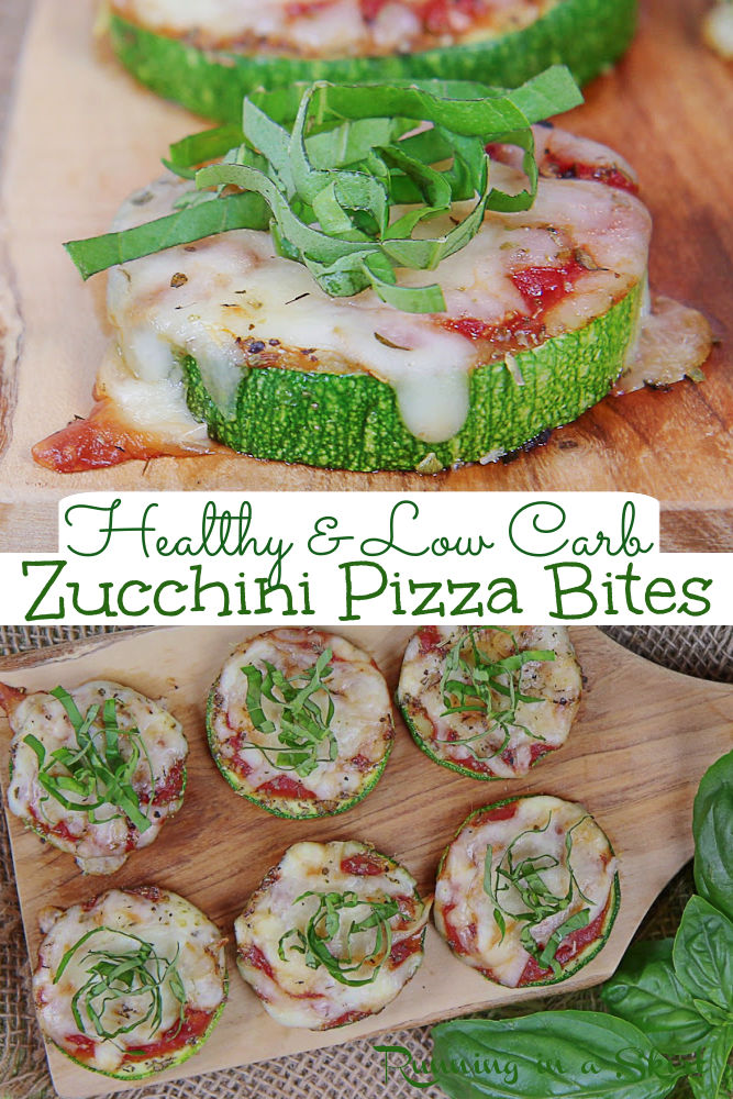 Zucchini Pizza Bites Recipe- Low Carb, Gluten Free & Healthy. Vegetarian Pizza Bites baked with marinara sauce, mozzarella cheese, basil, and Italian spices. Customize these mini pizzas with your favorite toppings. Perfect for low cal dinner, lunch or appetizers. Keto too! / Running in a Skirt #vegetarian #keto #healthy #lowcarb #glutenfree #lowcal #pizza #zucchinirecipes via @juliewunder