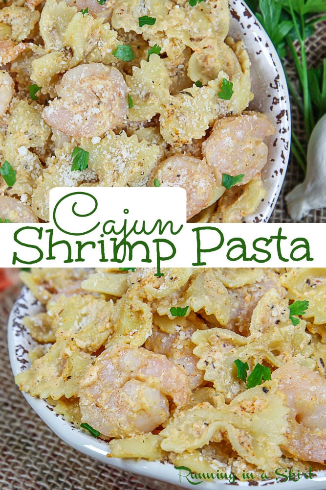 Cajun Shrimp Pasta Recipe- Easy & Healthy! Topped with a creamy fettuccini alfredo like sauce that's made with simple cream cheese and no cream. New Orleans Lousiana style with a homemade Cajun Spice Blend. Use jalapeno cream cheese to make it spicier! Pescatarian friendly with no sausage. Perfect for easy weeknight meals or dinners - 30 minute meal! / Running in a Skirt #cajunpasta #pastadinner #healthyrecipe #weeknightdinner #30minutemeal via @juliewunder