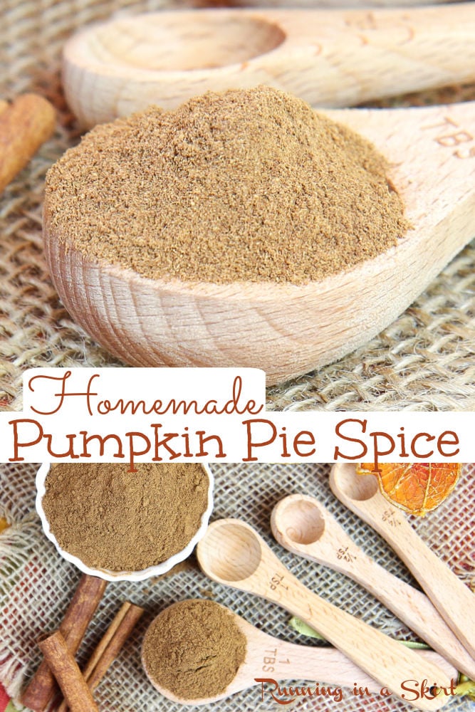 Homemade Pumpkin Pie Spice Recipe - Perfect for baking, desserts, cookies, pumpkin loaf or diy pumpkin spice coffee or creamer. Easy pumpkin spice mix recipe with directions for making a large or small batch. Uses spices you already have like cinnamon, cloves, ginger, nutmeg and allspice. Vegan, Vegetarian, Gluten Free and Keto. / Running in a Skirt #pumpkinspice #pumpkinrecipe #pumpkinpiespice #diy via @juliewunder