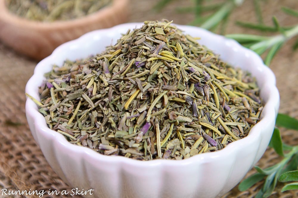 Herbs de Provence recipe in a white bowl.