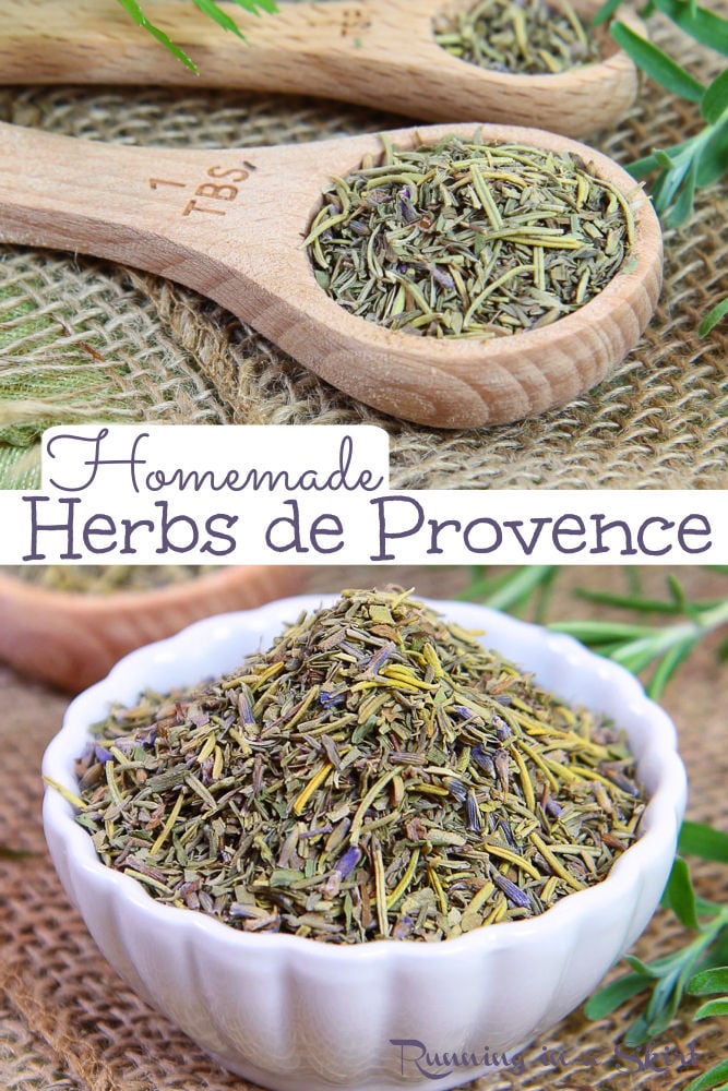 Herbs de Provence Mix Recipe - Homemade & DIY Spice Mix with thyme, savory, oregano, rosemary, marjoram, tarragon, and lavender. A healthy and flavorful spice blend that's great on chicken, roasted potatoes, lamb, vegetables, fish, and seafood. Looking for the best Herbs de Provence recipes or the best spice mixes? This is it! Vegan, Gluten Free, Clean Eating, Vegetarian / Running in a Skirt #herbsdeprovence #lavender #healthyrecipes #spicemix via @juliewunder