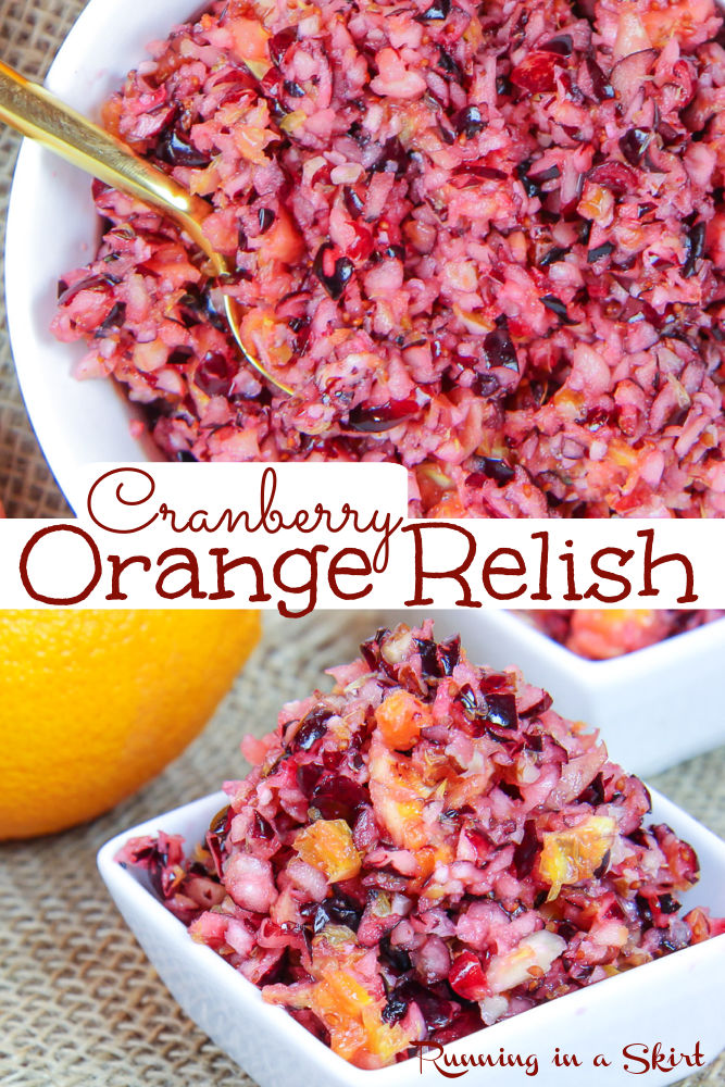 Cranberry Orange Relish Recipe - An easy and healthy Cranberry Relish made with cranberries, orange, pecans, apple and honey instead of white sugar. Lookin for perfect cranberry recipes for Thanksgiving? This is it! Quick and easy- made in the food processor with no cooking. 5 Ingredients & 5 minutes to make. A light and fresh addition to your holiday table. Vegetarian, Gluten Free & Clean Eating. Includes vegan sub for honey. / Running in a Skirt #thanksgiving #healthythanksgiving via @juliewunder