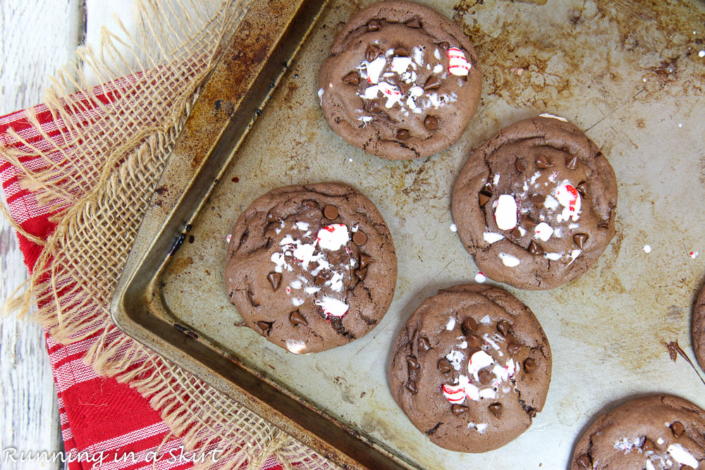 Peppermint Chocolate Cake Mix Cookies on a baking sheet.