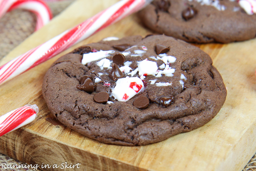 Peppermint Chocolate Cake Mix Cookies closeup on a wood cutting board.