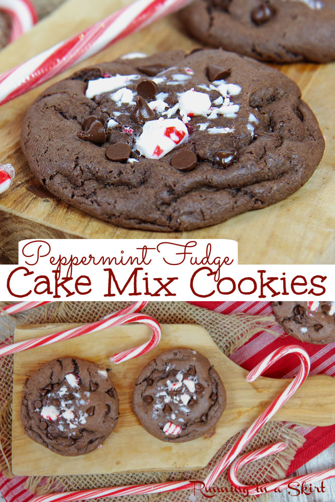 Peppermint Chocolate Cookies Recipe - from Cake Mixes! These Christmas Cake Mix Cookies are fudgy and the perfect easy Christmas cookie with candy canes and chocolate chip. Made with just five ingredients! You will love these Peppermint Cookies for the holidays. / Running in a Skirt #christmascookie #cakemixcookie #christmas #christmasbaking via @juliewunder