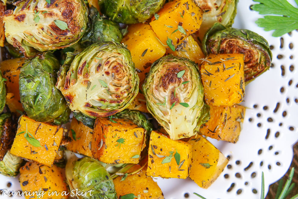 Roasted Brussels Sprouts and Butternut Squash close up.